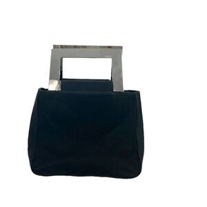 Bruno Magli Black Fabric Mini Small Evening Bag with Square Silver Handles